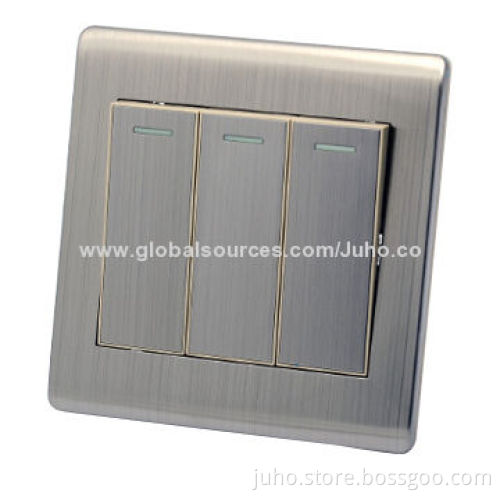 10A electric wall switch, 3 gang stainless steel and wire drawing panel, UK standard